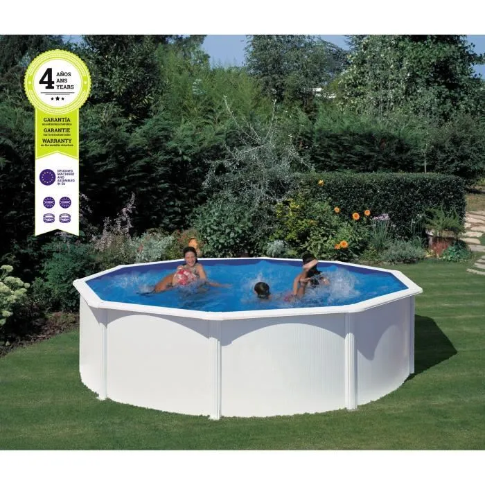 GRE - Kit de piscina redonda elevada de acero blanco de Ø480 x 132 cm (incluye filtro de arena y escalera)